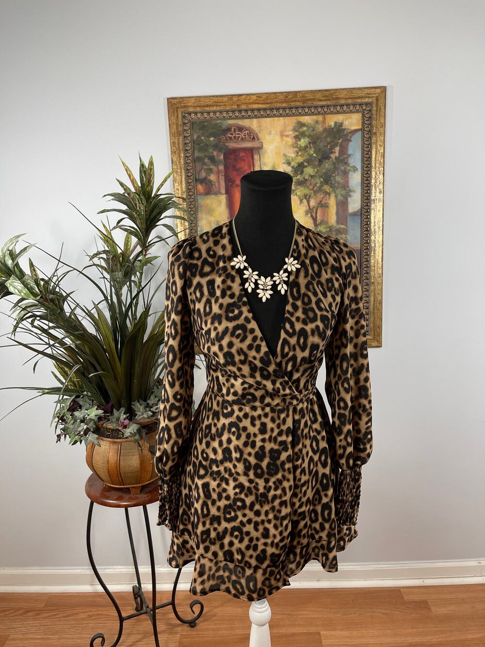 Mi ami Wrap Dress Women 2XS Brown Leopard Print Ruffle Hem Mob Wife Indie Sleaze